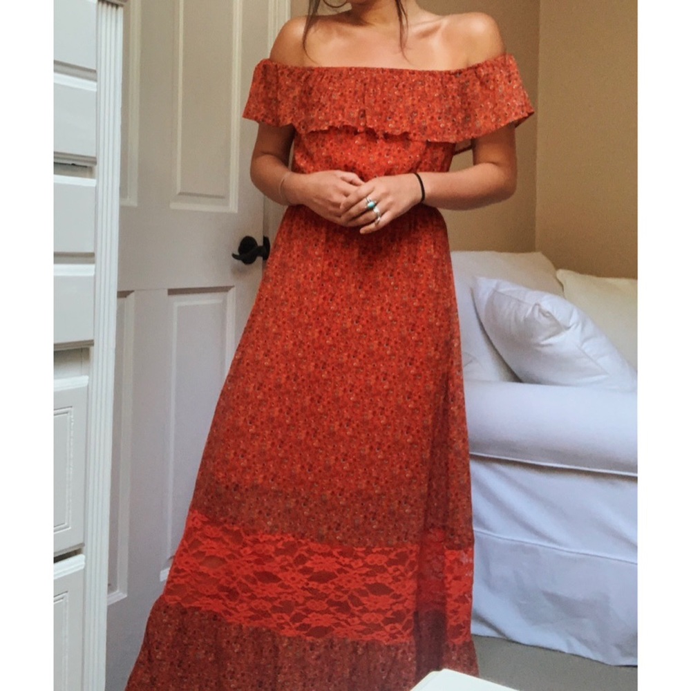 Red Off the Shoulder Floral Maxi Dress